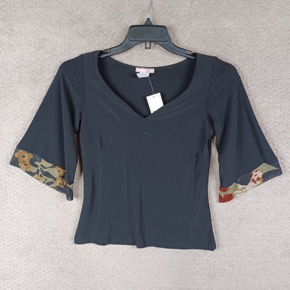 Vol. 1 Shirt Womens Large Black V Neck 3/4‎ Sleeve Crop Polyester Stretch
